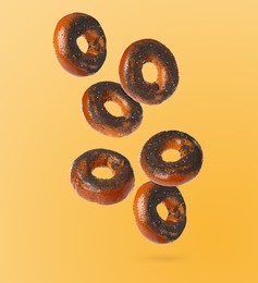 Many fresh bagels with poppy seeds falling on light orange background