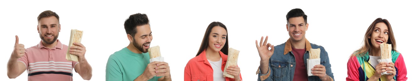 Collage with photos of happy people with tasty shawarmas on white background. Banner design