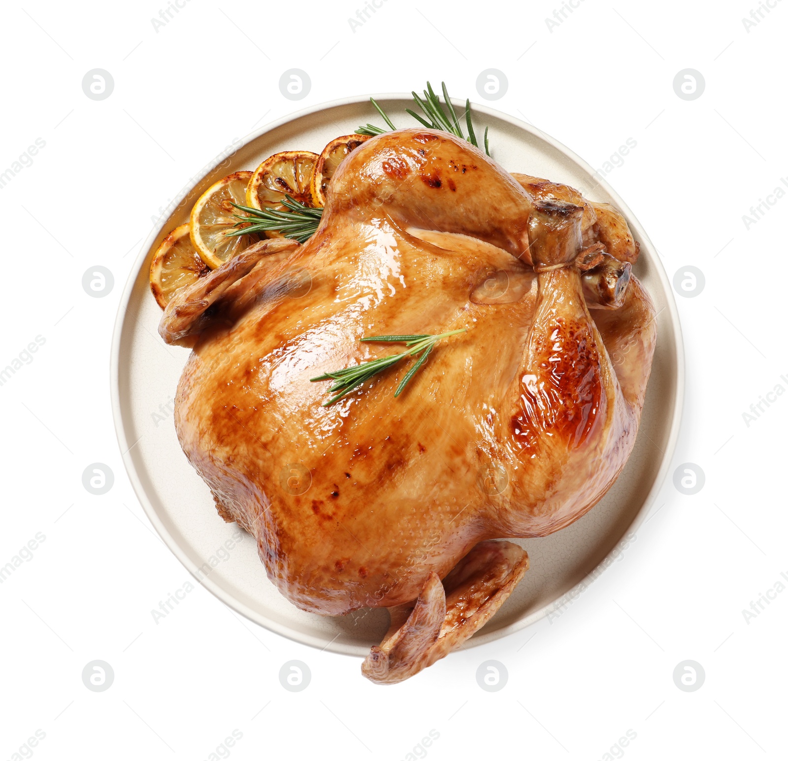 Photo of Tasty roasted chicken with rosemary and lemon isolated on white, top view