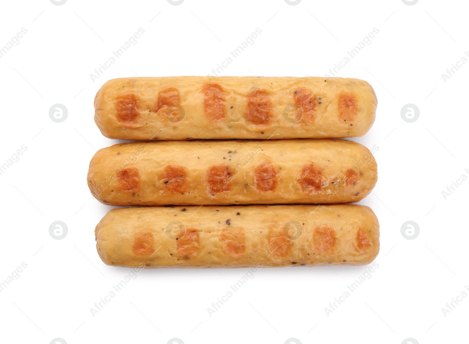 Photo of Delicious grilled vegan sausages isolated on white, top view