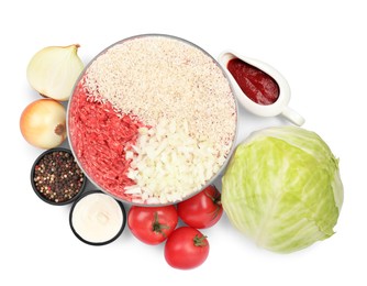 Photo of Set of ingredients for preparing stuffed cabbage rolls isolated on white, top view