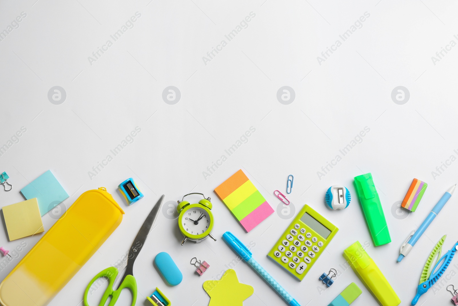 Photo of School stationery on white background, flat lay with space for text. Back to school