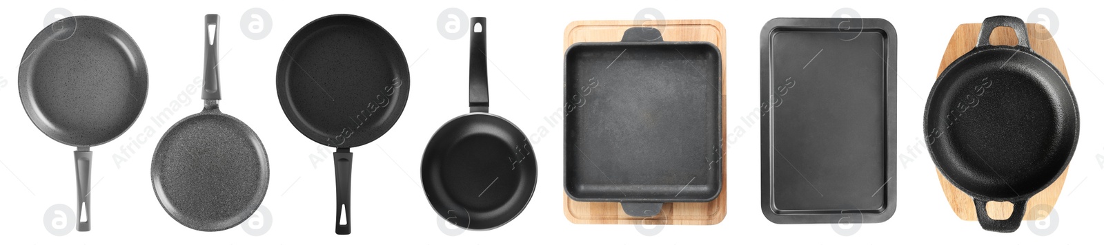 Image of Set with different kitchen utensils on white background, banner design. Cooking equipment