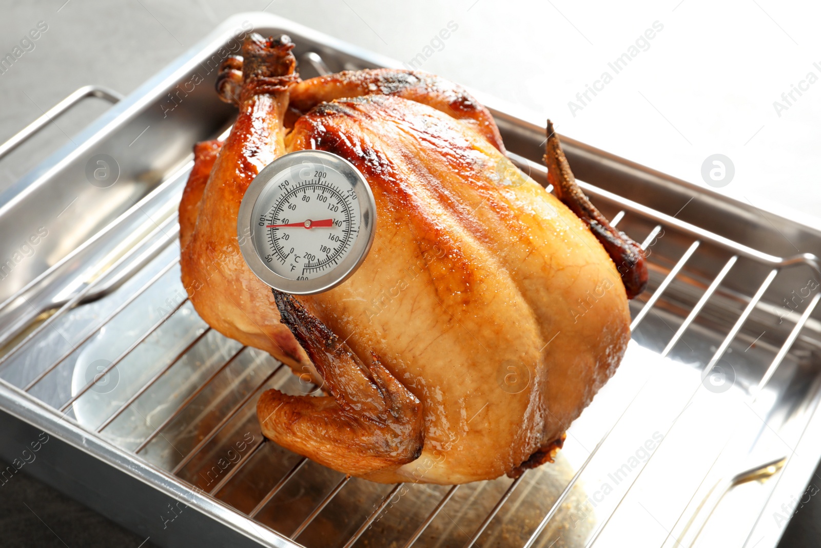 Photo of Roasted turkey with meat thermometer on baking rack