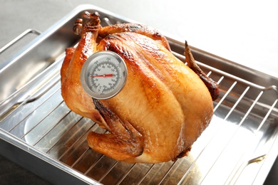 Roasted turkey with meat thermometer on baking rack