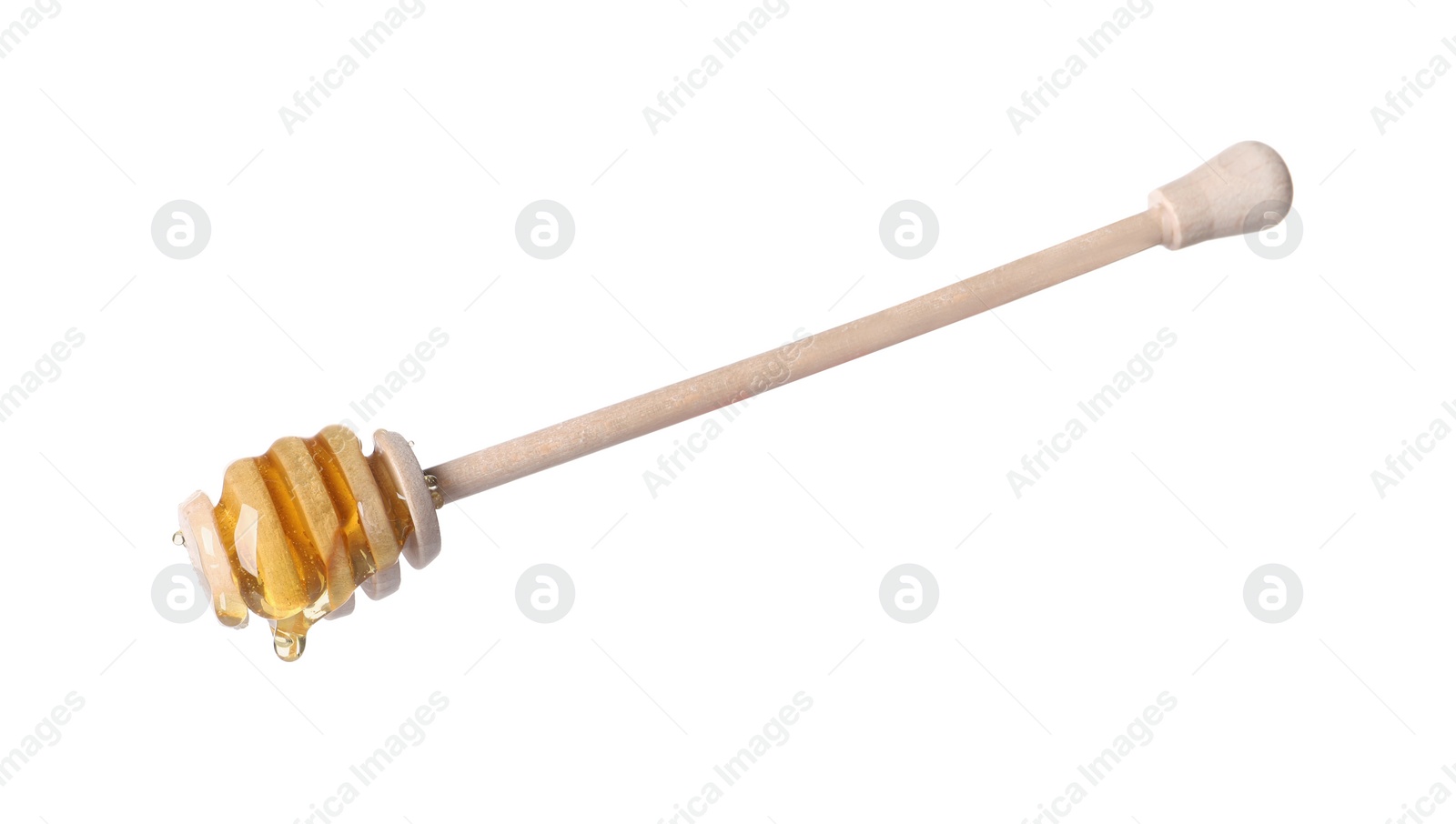 Photo of Fresh honey dripping from dipper on white background