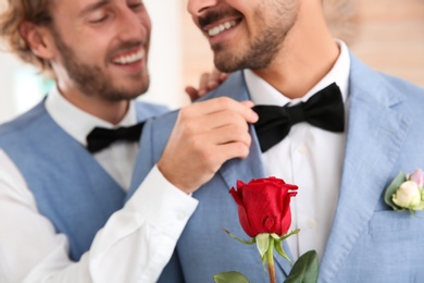 Happy newlywed gay couple with flower at home