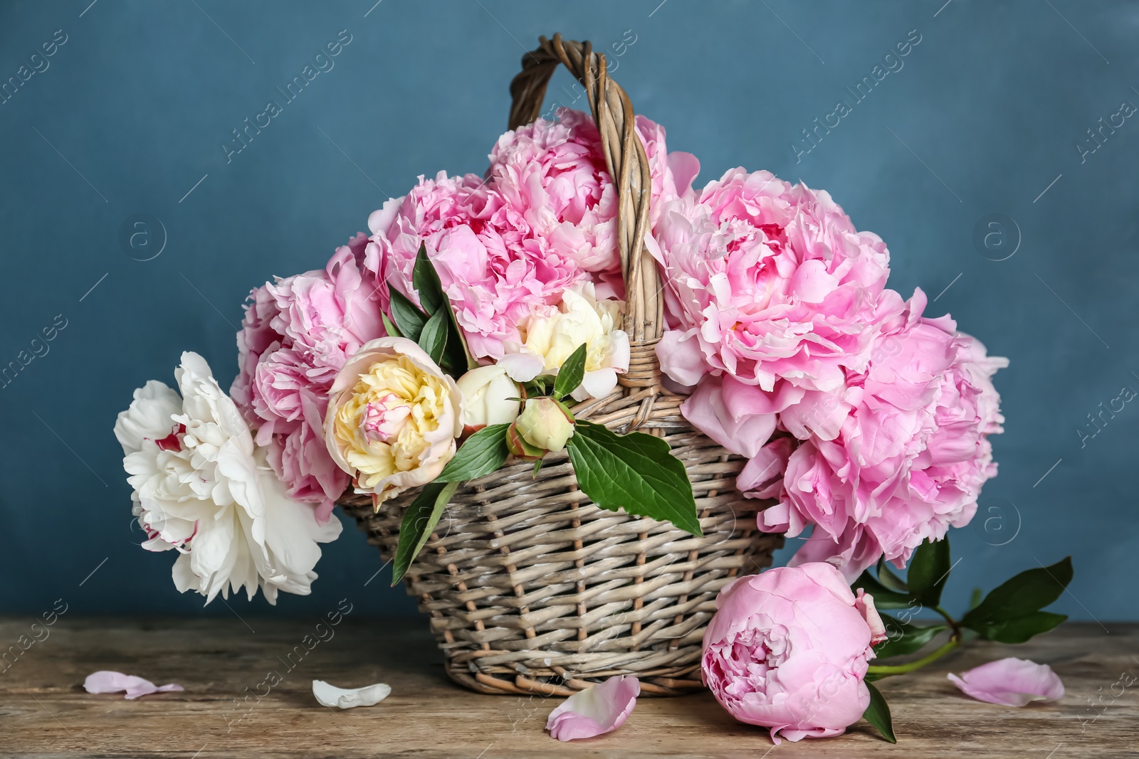 Photo of Beautiful peonies in wicker basket on wooden table