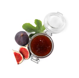 Glass jar with tasty sweet jam, green leaf and fresh figs isolated on white, top view