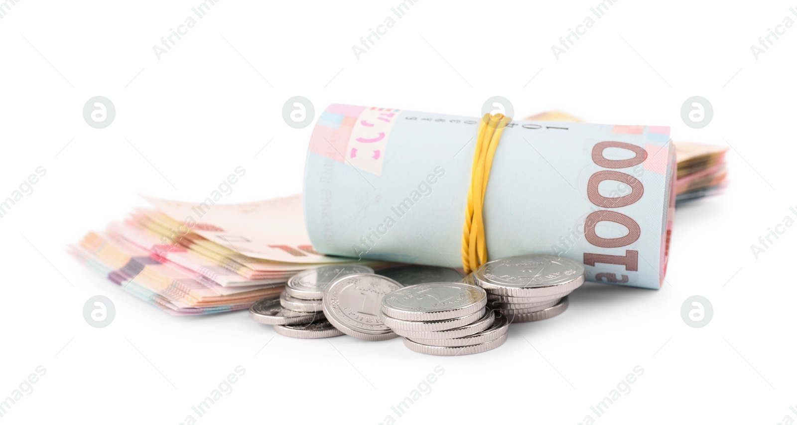 Photo of Ukrainian money on white background. National currency