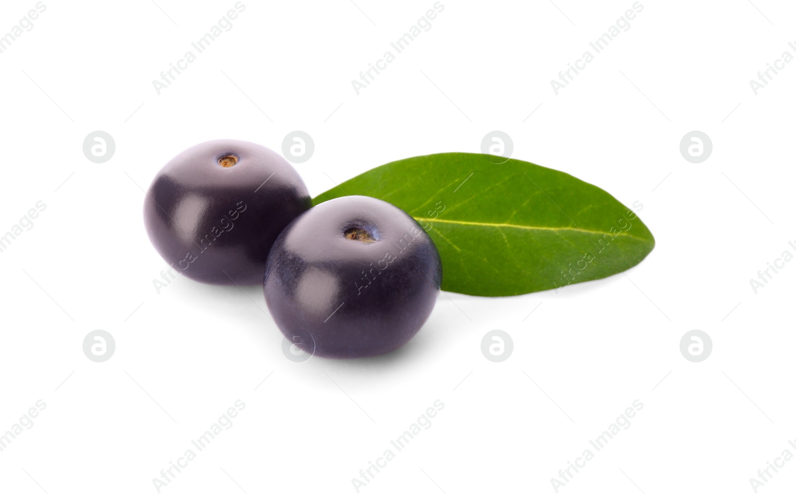 Photo of Fresh acai berries with leaf isolated on white