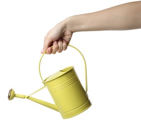 Photo of Woman holding watering can on white background, closeup