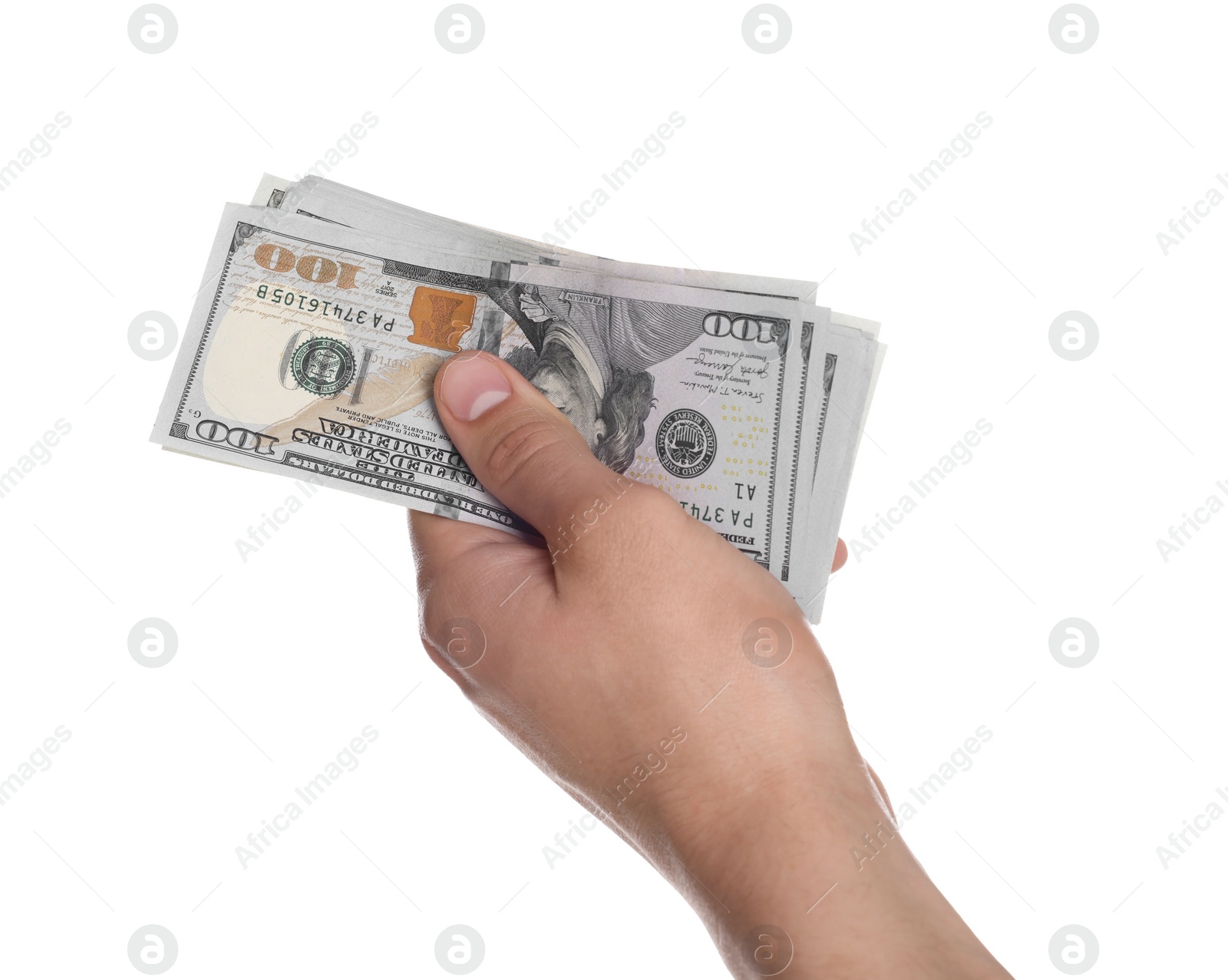 Photo of Money exchange. Man holding dollar banknotes on white background, closeup