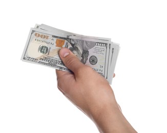 Photo of Money exchange. Man holding dollar banknotes on white background, closeup