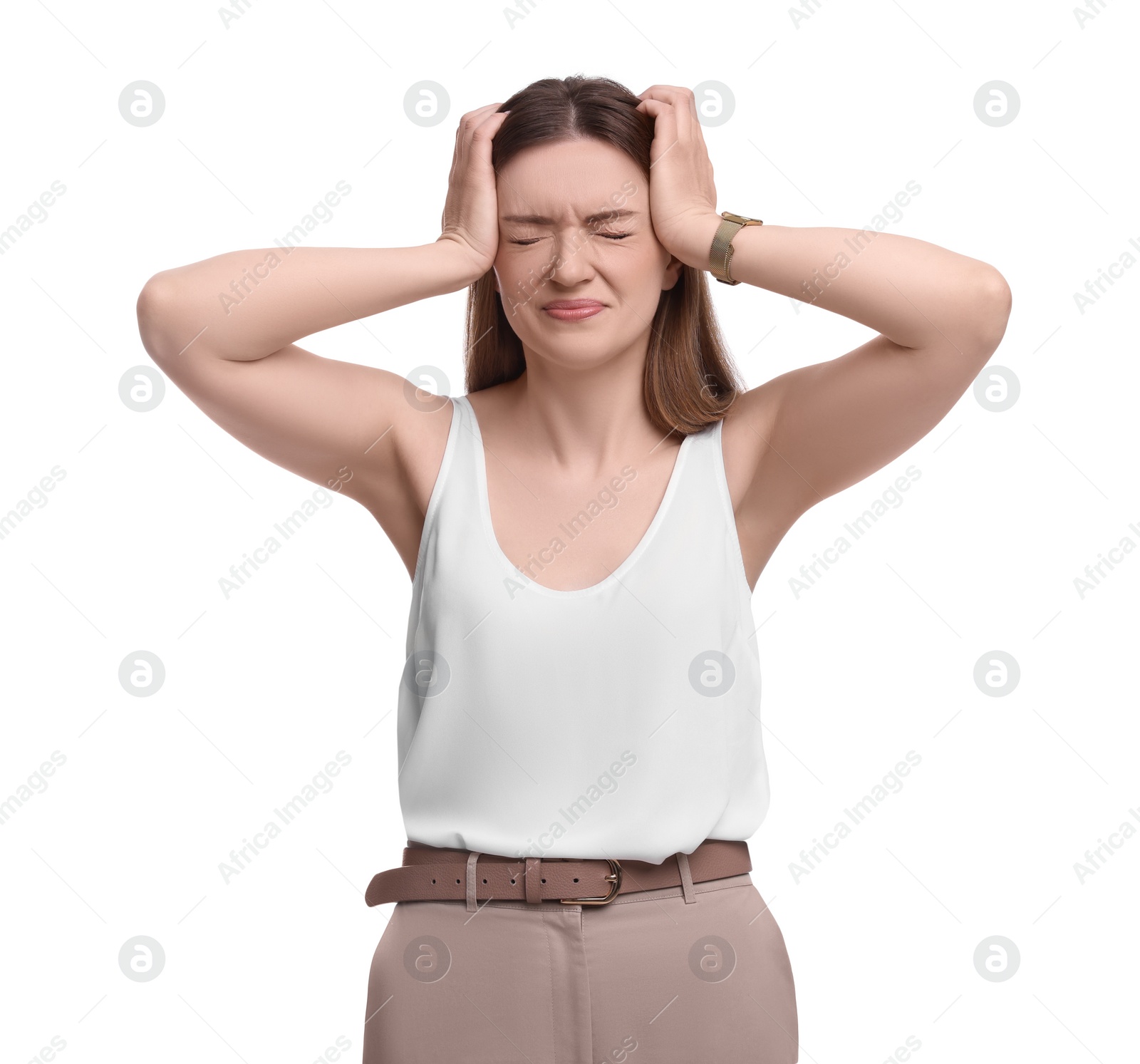 Photo of Beautiful emotional businesswoman posing on white background