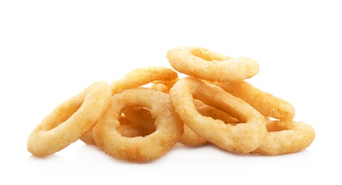 Photo of Freshly cooked onion rings on white background