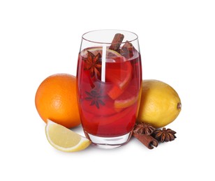 Photo of Glass with tasty punch drink and ingredients isolated on white