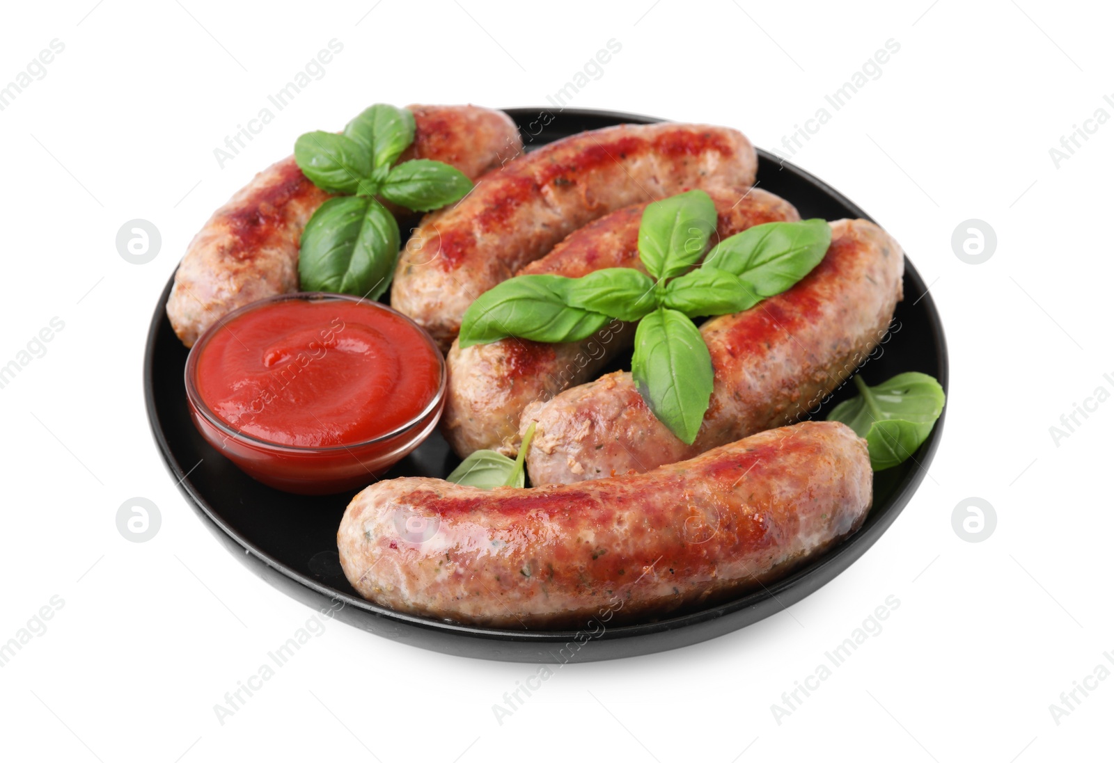 Photo of Plate with tasty homemade sausages, ketchup and basil leaves on white background