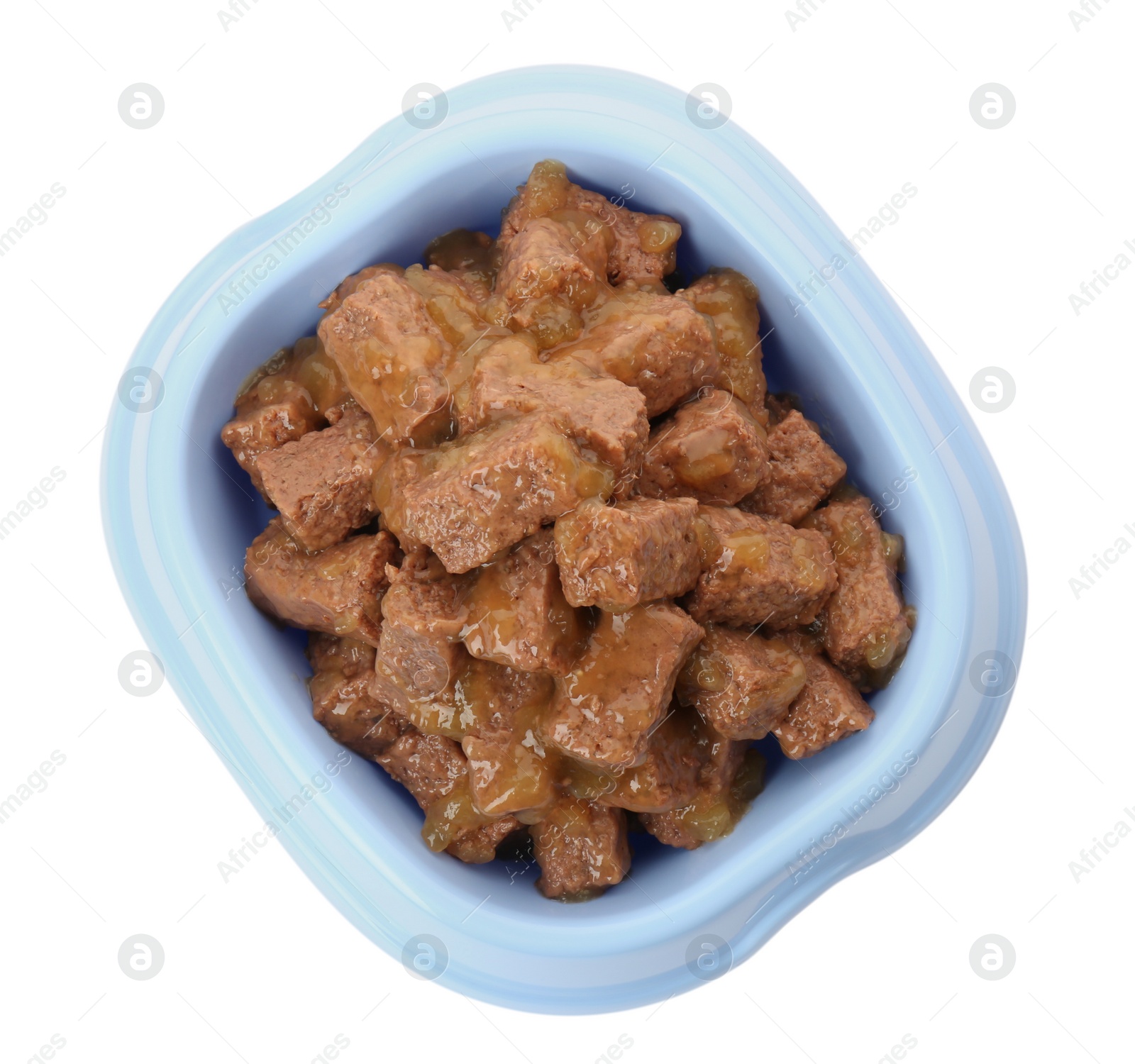 Photo of Wet pet food in feeding bowl isolated on white, top view