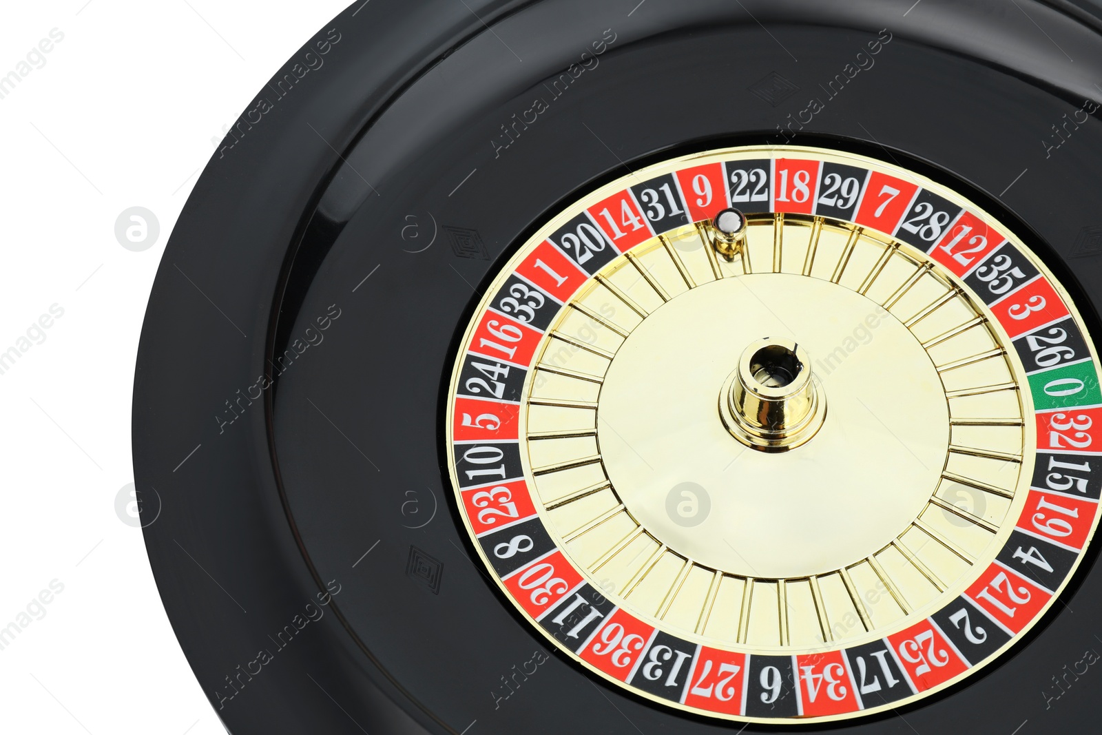 Photo of Roulette wheel isolated on white, above view. Casino game