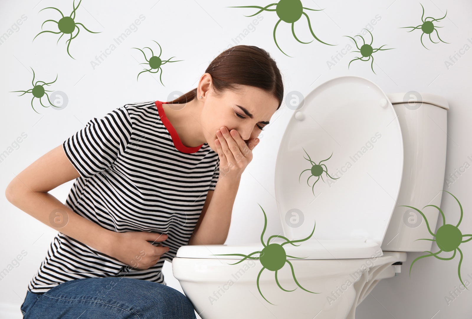 Image of Young woman suffering from nausea at toilet bowl and bacteria illustration. Food poisoning