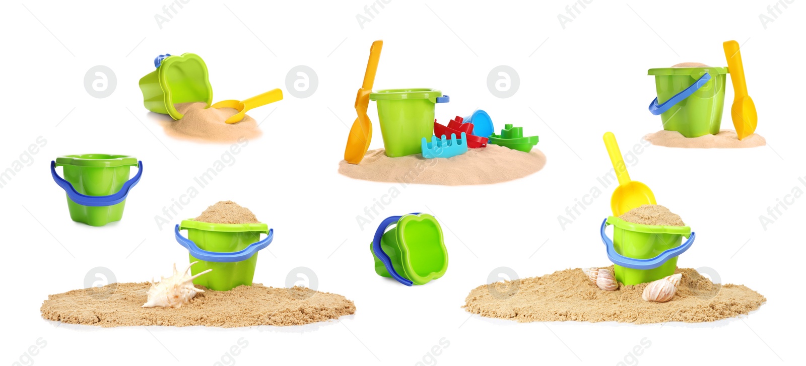 Image of Set of different plastic beach toys on white background 