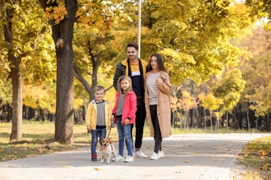 Happy family with children and dog in park. Autumn walk