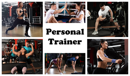 Image of Collage of people in modern gym and text Personal Trainer