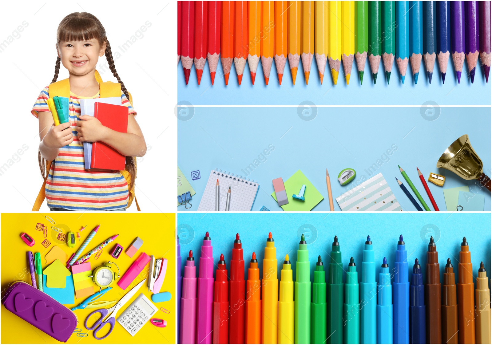 Image of Collage with photos of cute girl and different stationery. Back to school