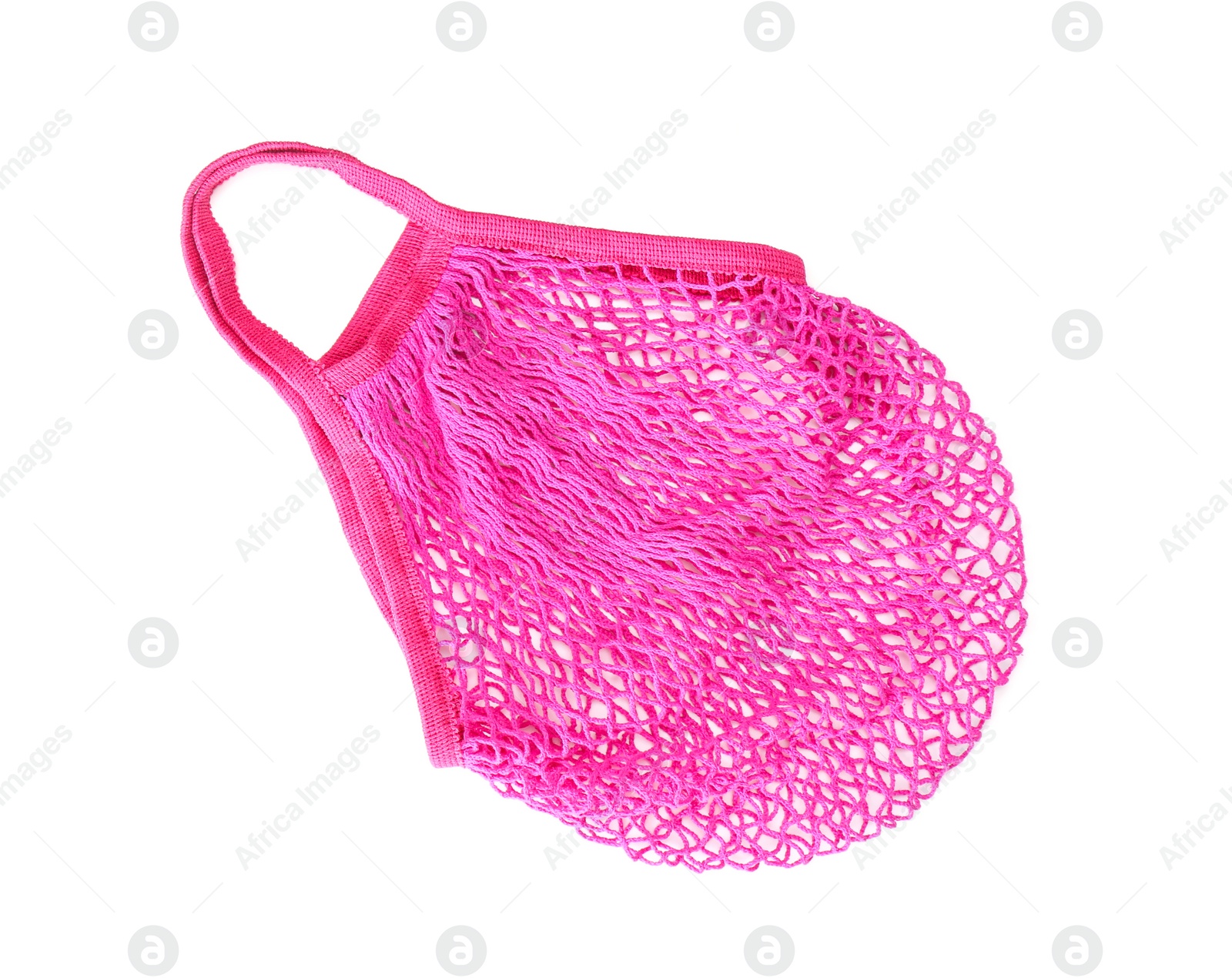 Photo of Pink net bag isolated on white, top view