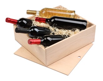 Photo of Wooden gift box with wine bottles isolated on white