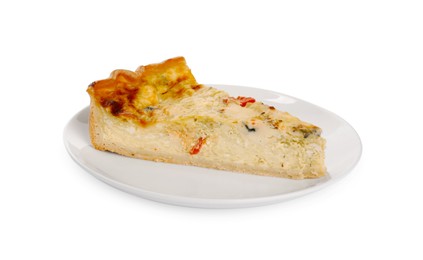 Photo of Piece of delicious homemade cheese quiche isolated on white