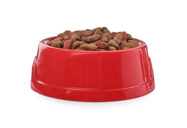 Photo of Dry food in red pet bowl isolated on white