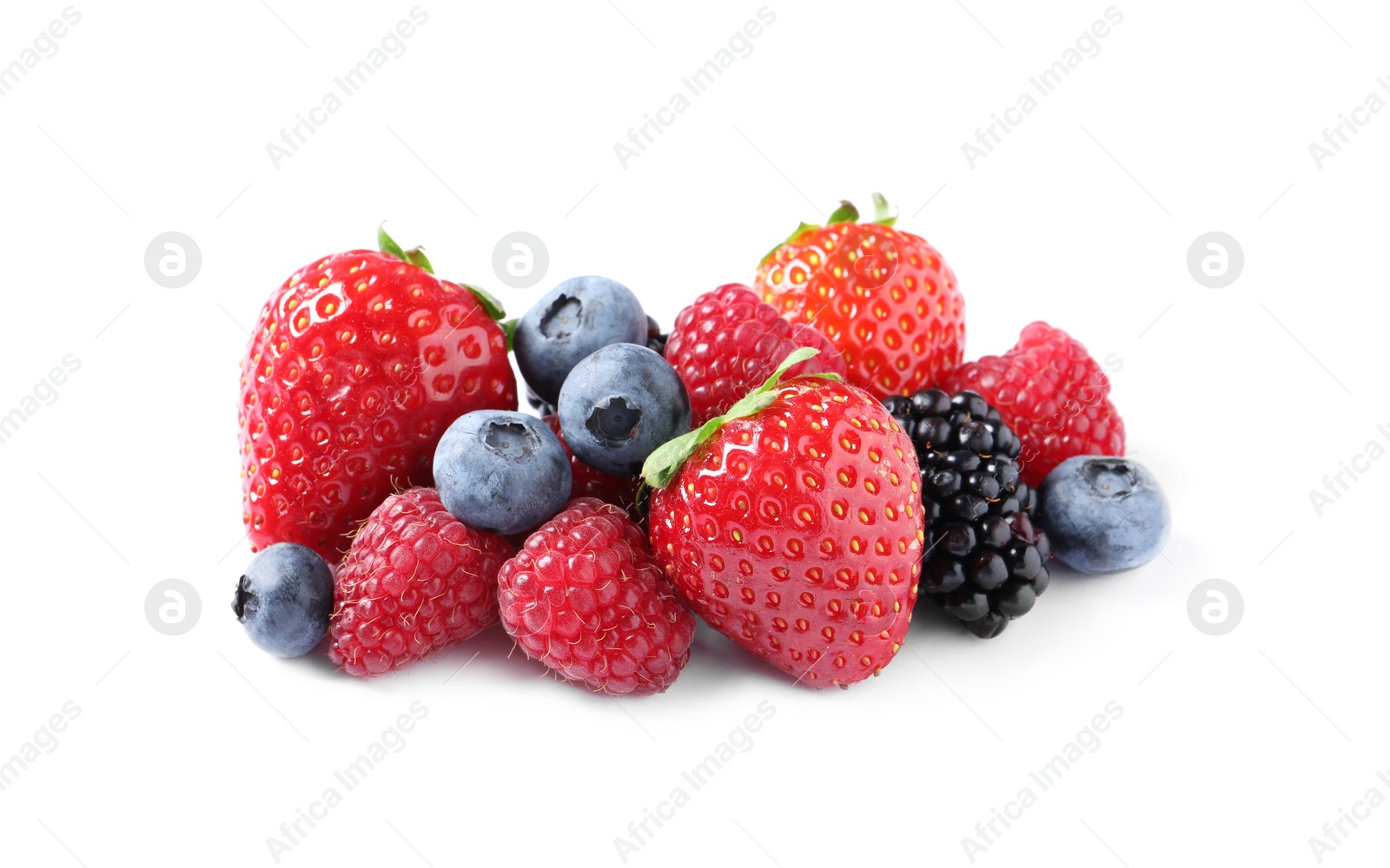 Photo of Many different ripe berries isolated on white