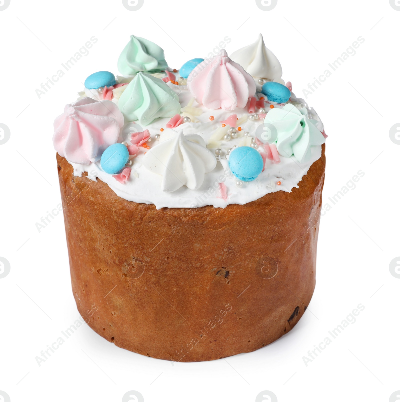 Photo of Traditional Easter cake with sprinkles and meringues isolated on white