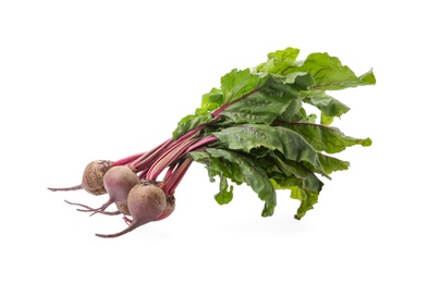 Bunch of fresh beets with leaves on white background