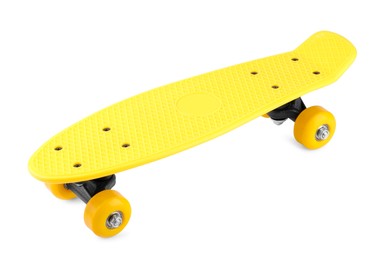 Photo of Yellow skateboard isolated on white. Sports equipment