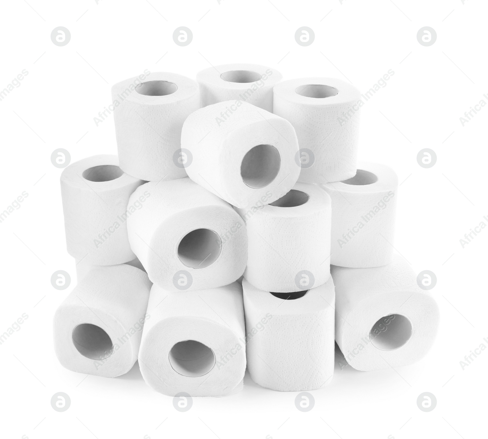 Photo of Many soft toilet paper rolls isolated on white