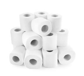 Photo of Many soft toilet paper rolls isolated on white