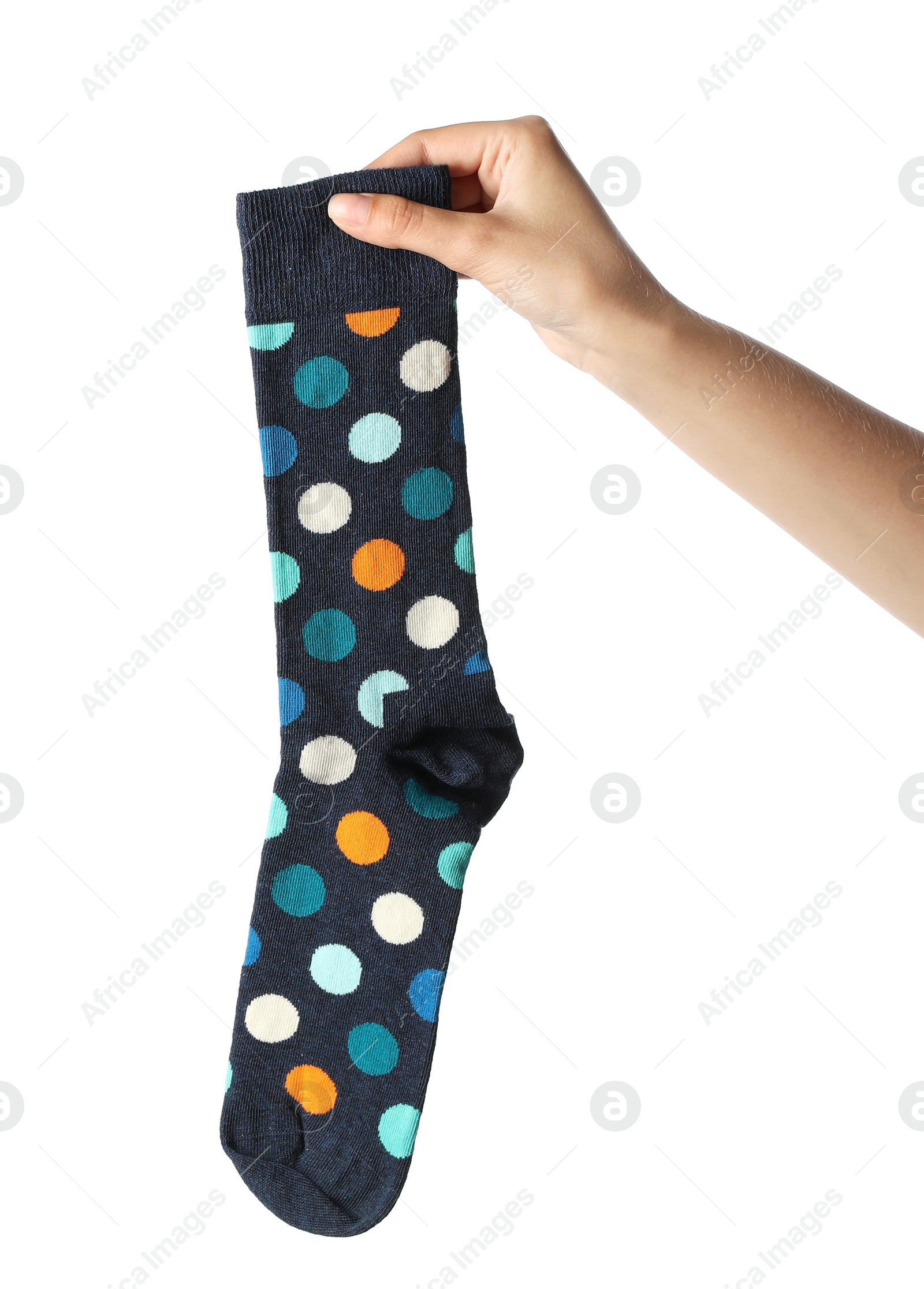 Photo of Woman holding colorful sock on white background