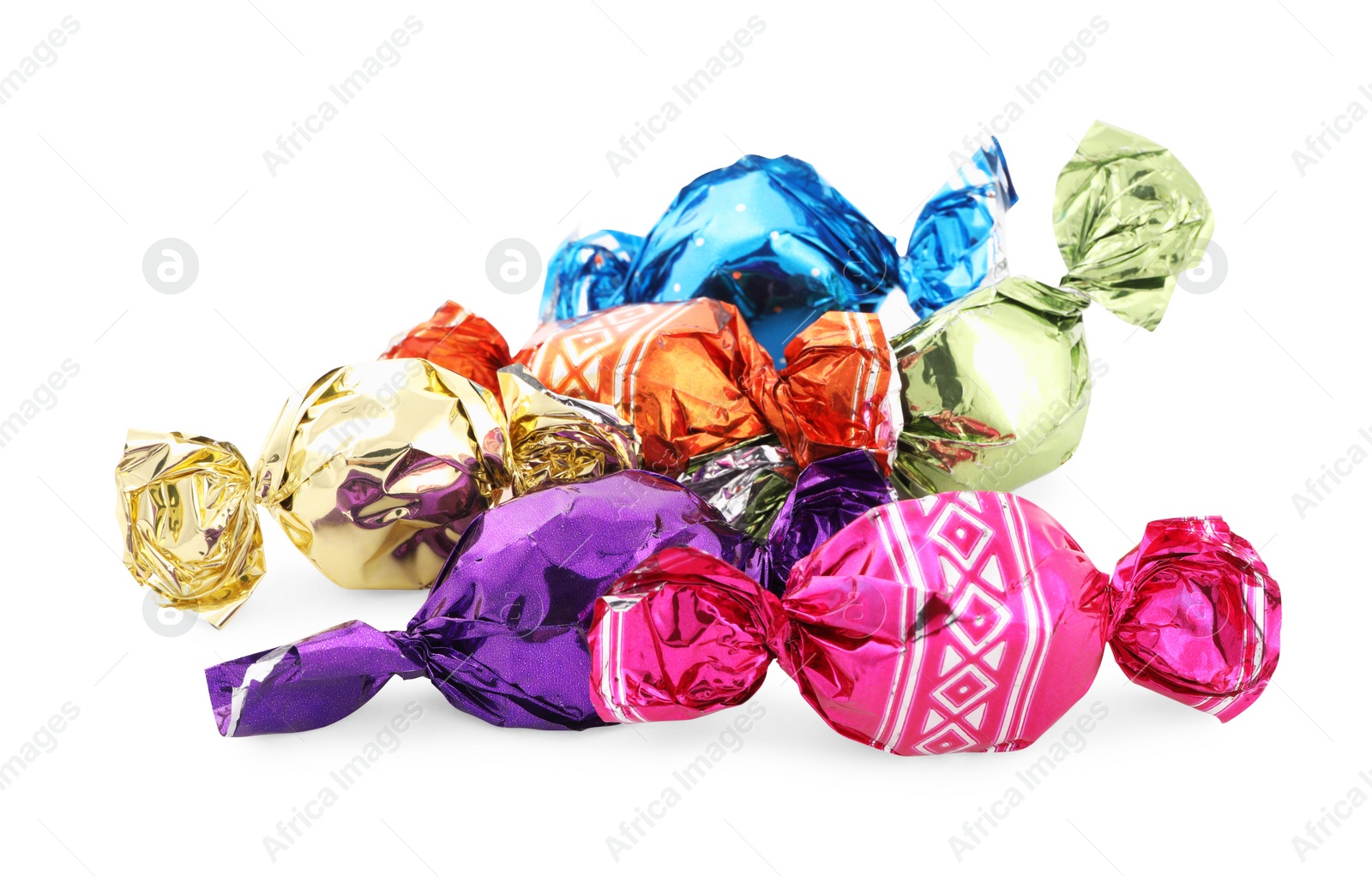 Photo of Sweet candies in colorful wrappers on white background