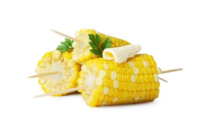 Photo of Tasty cooked corn with butter on white background