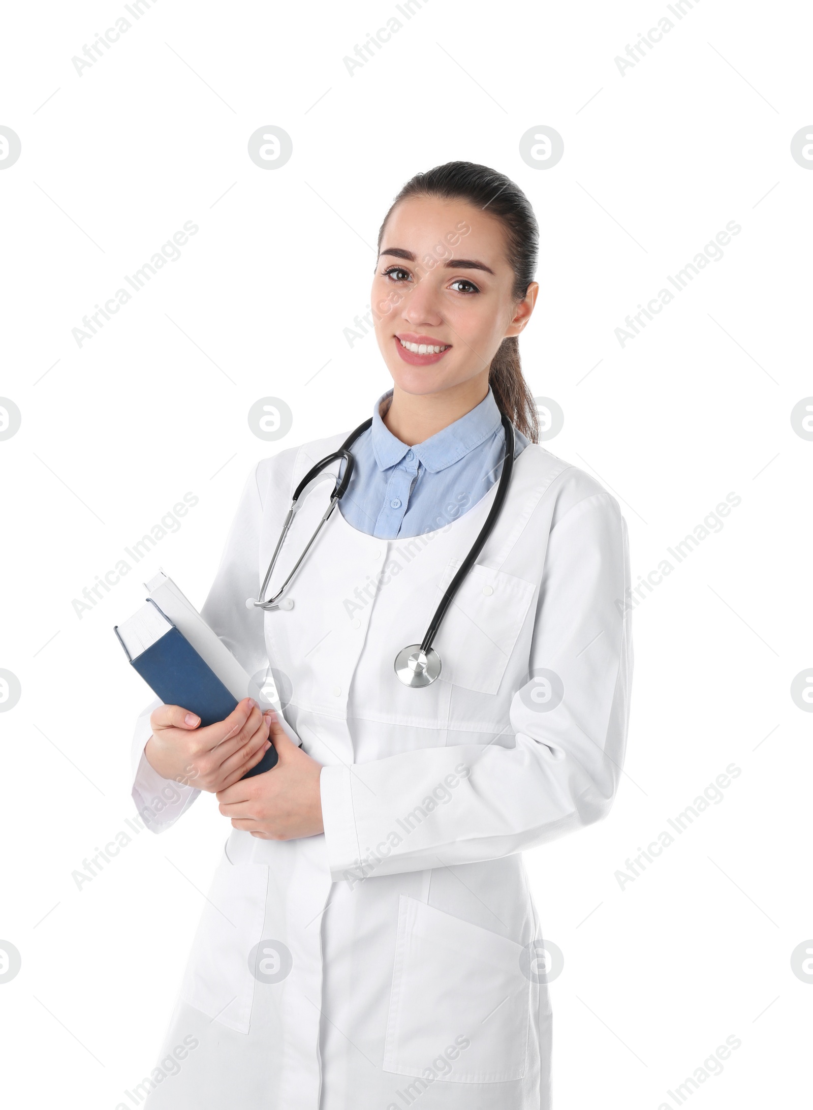 Photo of Young medical student with books on white background