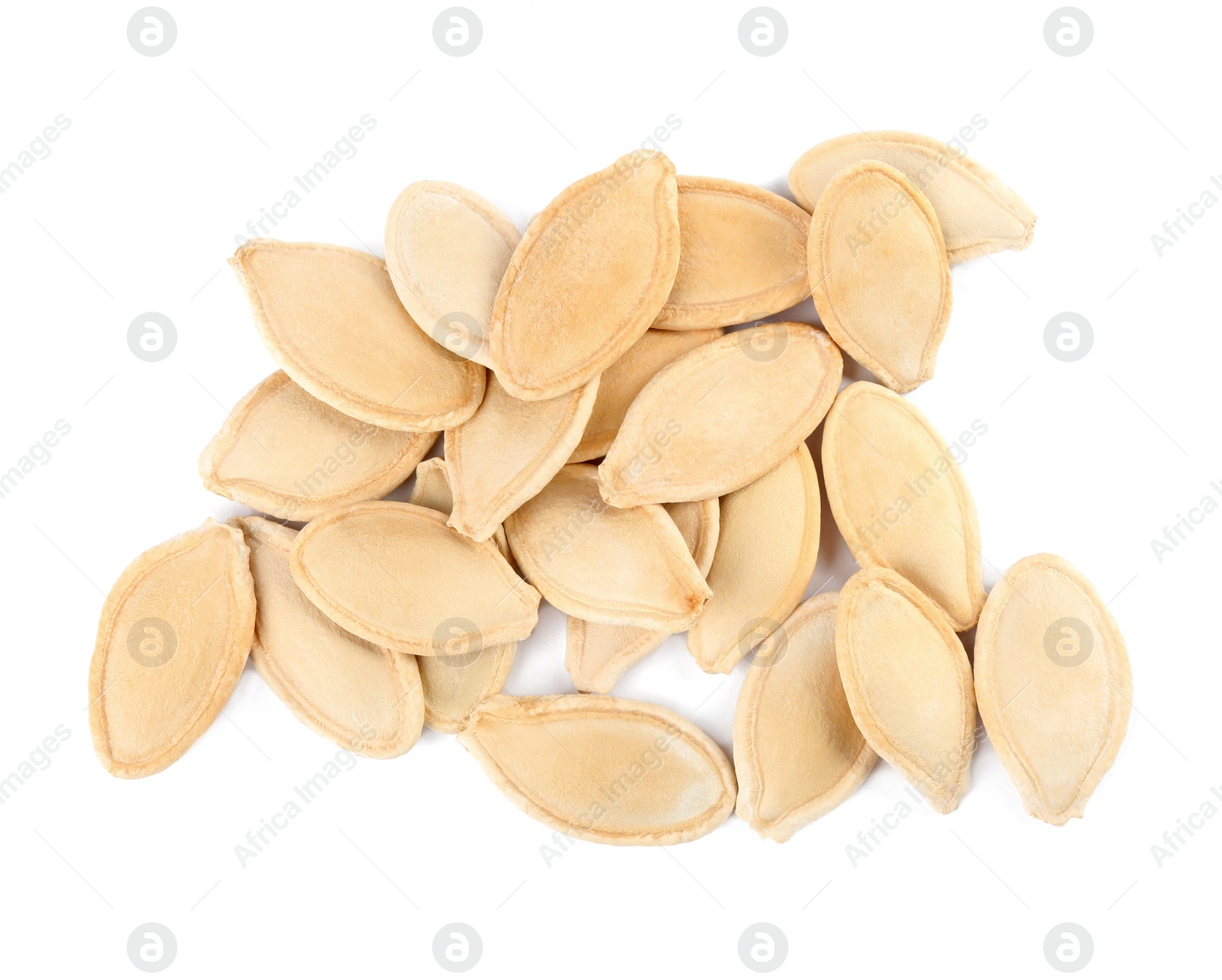 Photo of Pile of raw pumpkin seeds on white background, top view