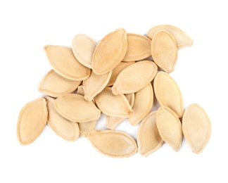 Photo of Pile of raw pumpkin seeds on white background, top view