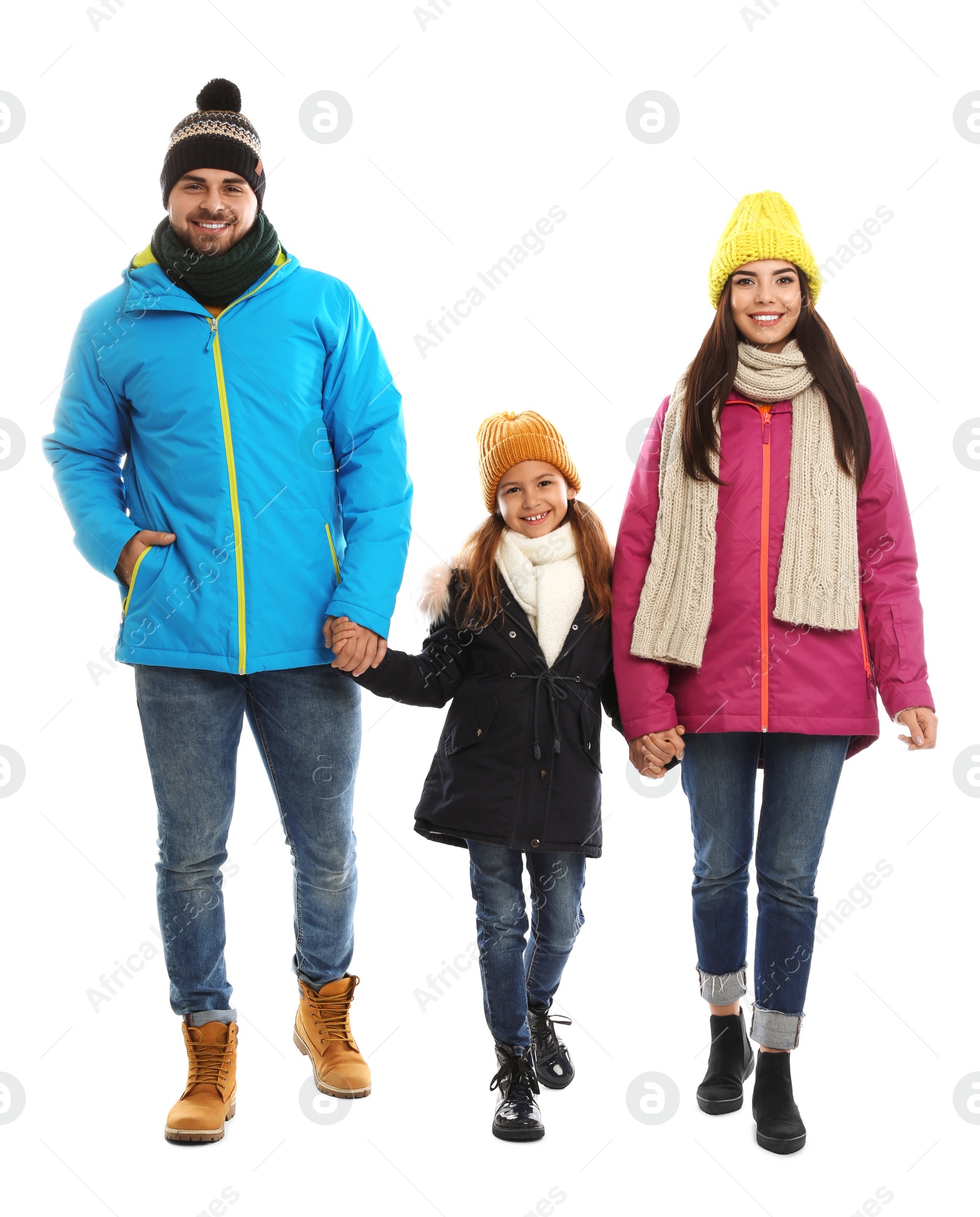 Photo of Happy family in warm clothes on white background. Winter vacation