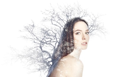 Image of Double exposure of beautiful woman and tree on white background