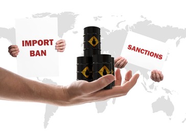 Image of Economic sanctions. Man holding oil barrels in hand, closeup. Illustration of world map on white background, collage design