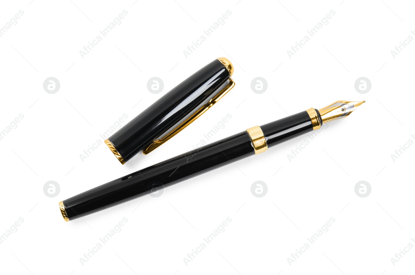 Photo of Beautiful fountain pen isolated on white, top view