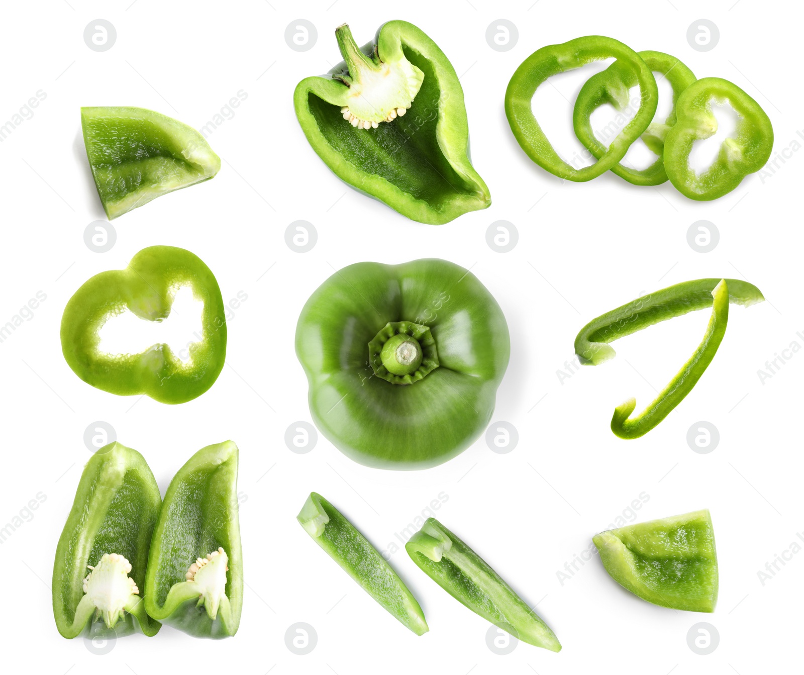 Image of Set of cut ripe green bell peppers on white background